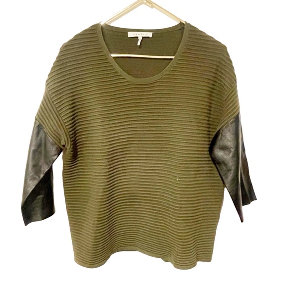 Sandro Size 2 Medium Green Ribbed 100% Lamb Skin 3/4 Sleeve Crew Neck Knit Top - Picture 1 of 7